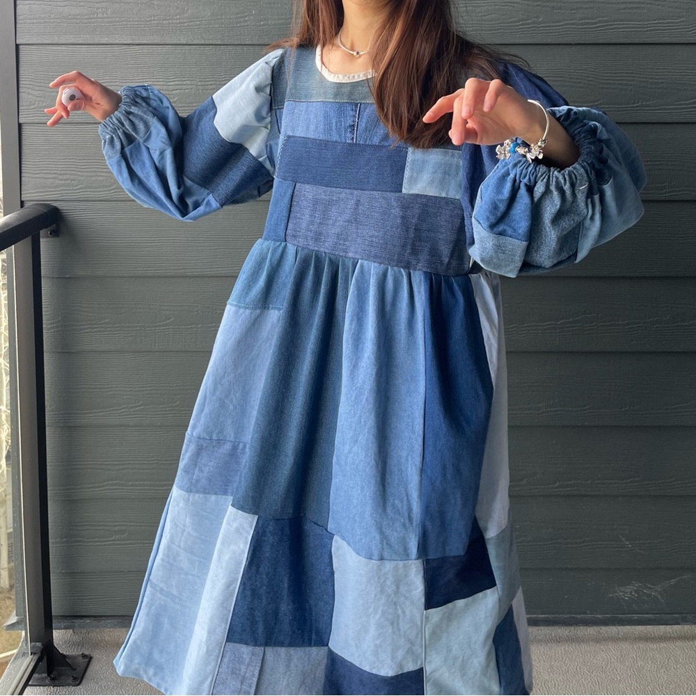 Handmade Denim Patchwork Quilted Puff Sleeves Cottage Dress SKU 04117 - Picture 6 of 16